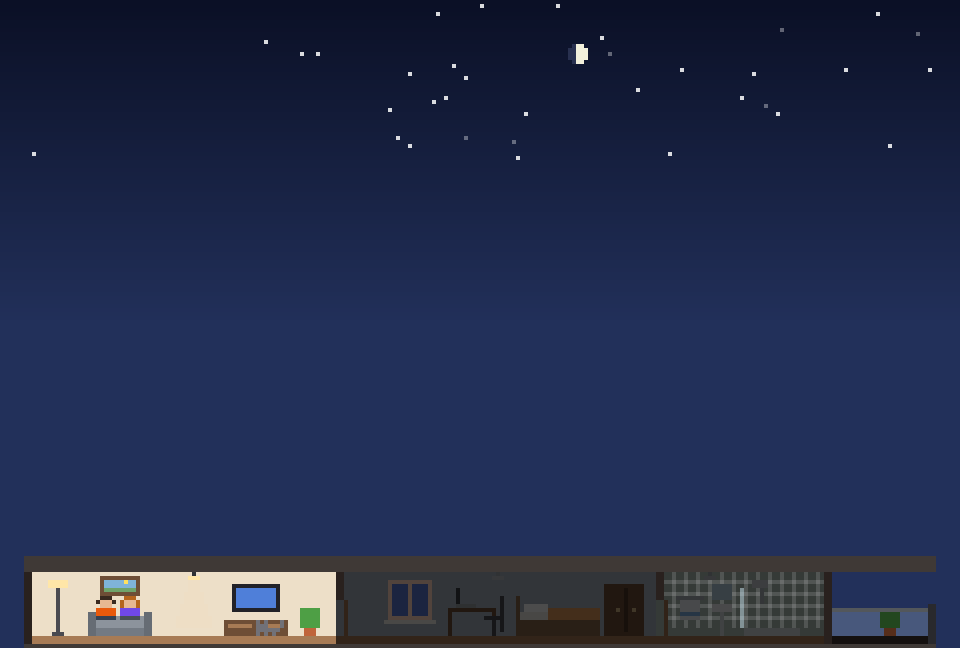 The pixel house builds itself, floor by floor, then the family walks in